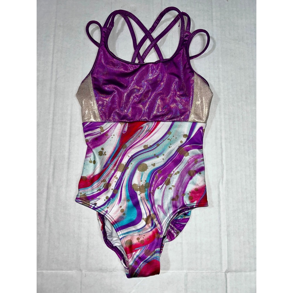 Justice Girls Gymnastics Leotard and Shorts Set Purple Marble Gold Foil XS 5/6 - Picture 2 of 8